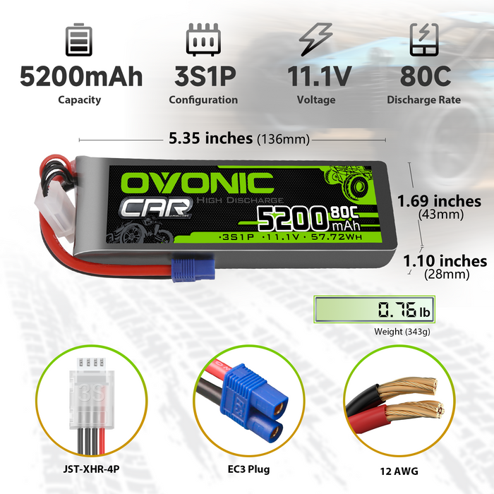 2x Ovonic 80C 3S1P 5200mAh 11.1V LiPo Battery for RC Car - EC3 Plug - Ovonicshop
