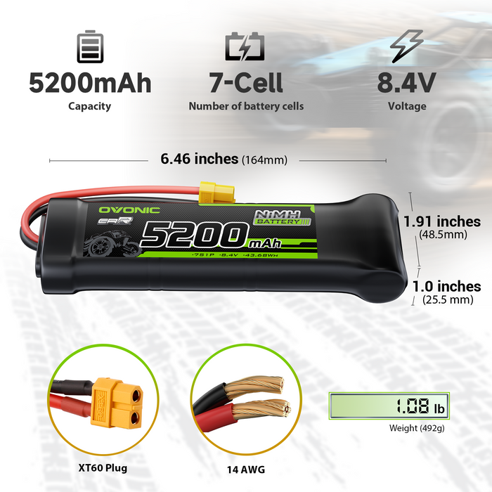 2 × OVONIC 8.4V 5200mAh NiMH Battery Pack 7-Cell Hump with XT60 & TRX Plug for RC Cars
