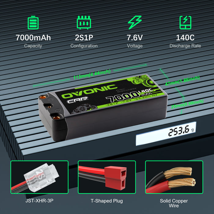 Ovonic 2S 7000mAh 140C 7.6V Hardcase LiHV Battery with 5.0mm Bullet to T/Deans Plug