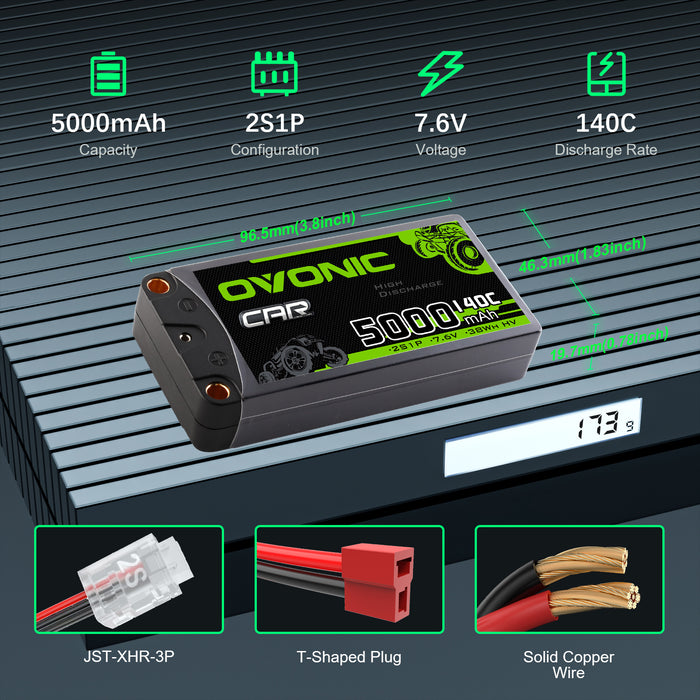 Ovonic 2S 5000mAh 140C 7.6V Hardcase LiHV Battery with 5.0mm Bullet to T/Deans Plug