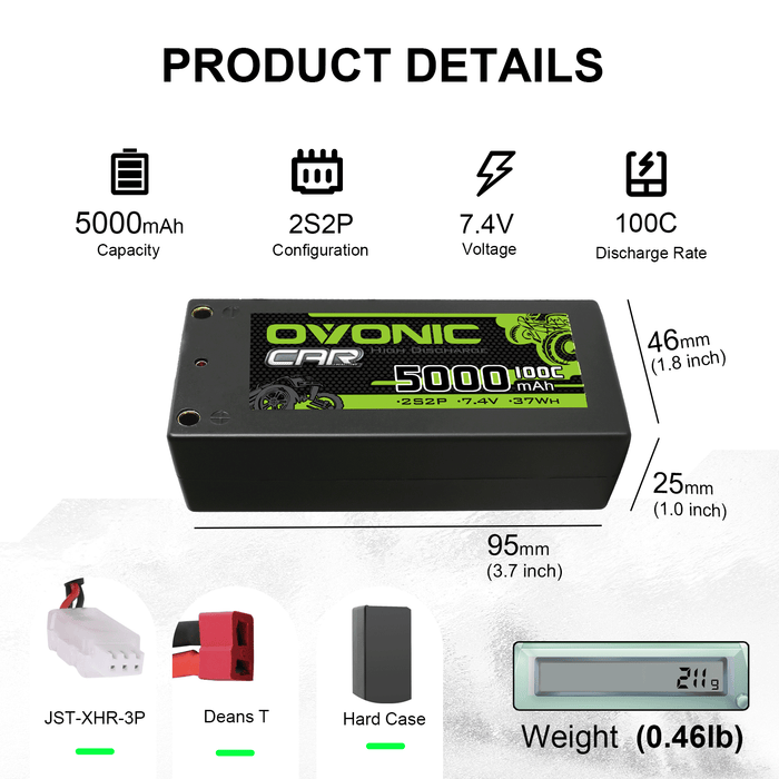 Ovonic 100C 7.4V 5000mAh 2S2P Hardcase Shorty LiPo Battery with 4mm Bullet for 1/10 RC Buggy Truck