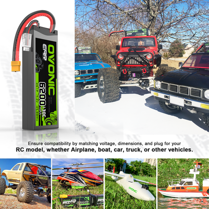 2X OVONIC 6200mAh 2S 7.4V 130C LiPo Battery with XT60 to TRA Plug for 1/10 Scale RC Car Truck Buggy