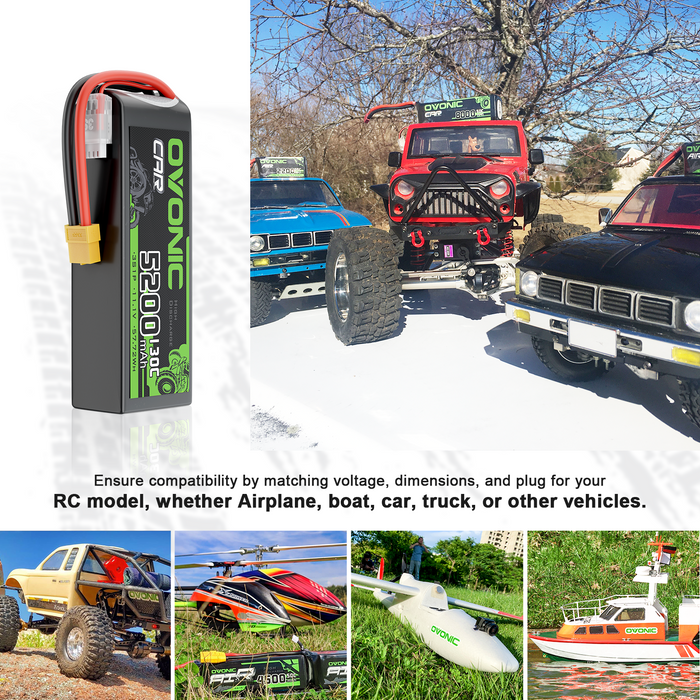 2x Ovonic 3S 5200mAh 130C LiPo Battery with XT60 to TRA Plug for 1/10 RC Slash Rustler Stampede