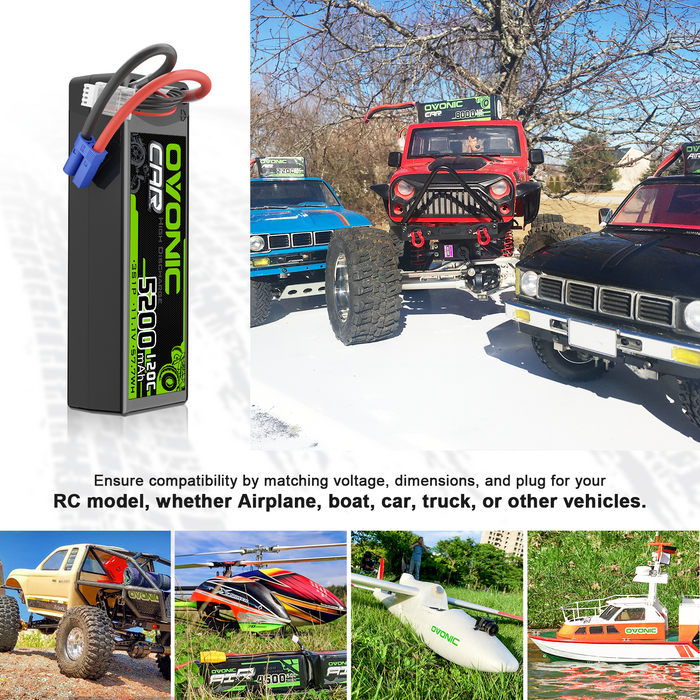 2 x OVONIC 3S LiPo Battery 11.1V 5200mAh 120C with EC5 Plug & Lipo Voltage Checker for 1/8 & 1/10 scale RC Cars Trucks Crawlers Buggies Racing RC Hobby