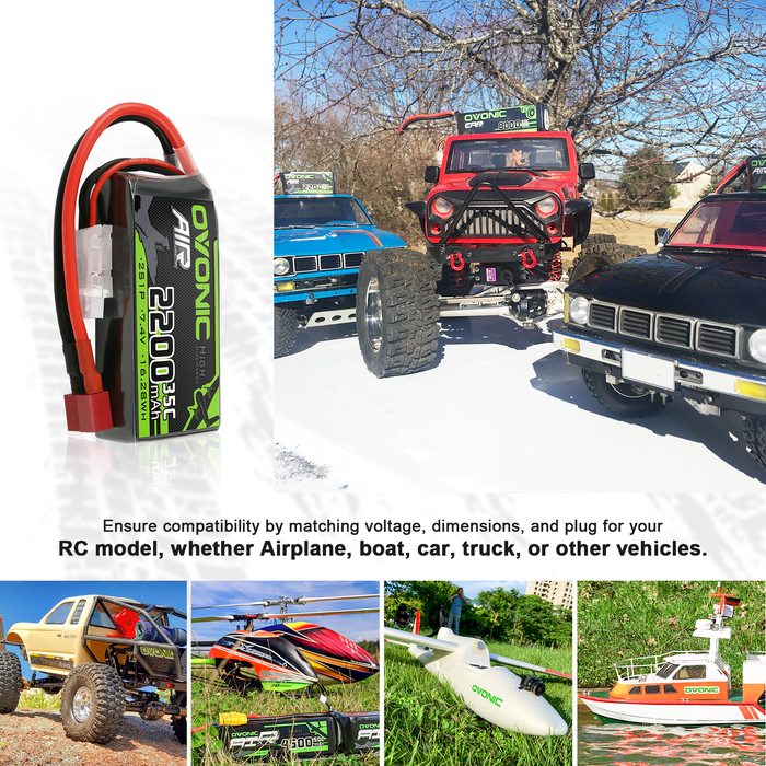 2x Ovonic 2S 2200mAh 35C 7.4V Short LiPo Battery for Aircraft Drone - T Plug for RC Airplanes & 1/14 Scale RC Cars