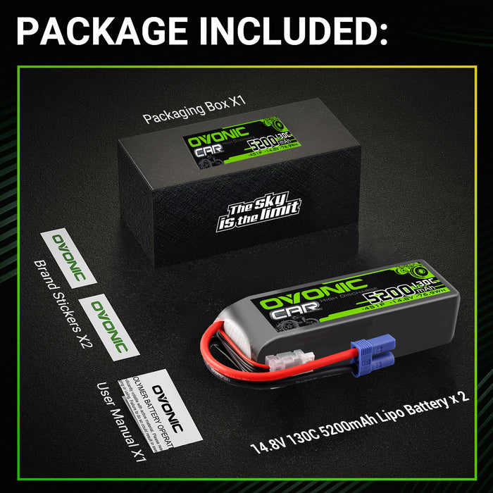2× OVONIC 4S Lipo Battery 5200mAh 130C 14.8V RC Lipo Battery with EC5 Plug for RC 1/10 1/8 Vehicles Car RC Truck - Ovonicshop