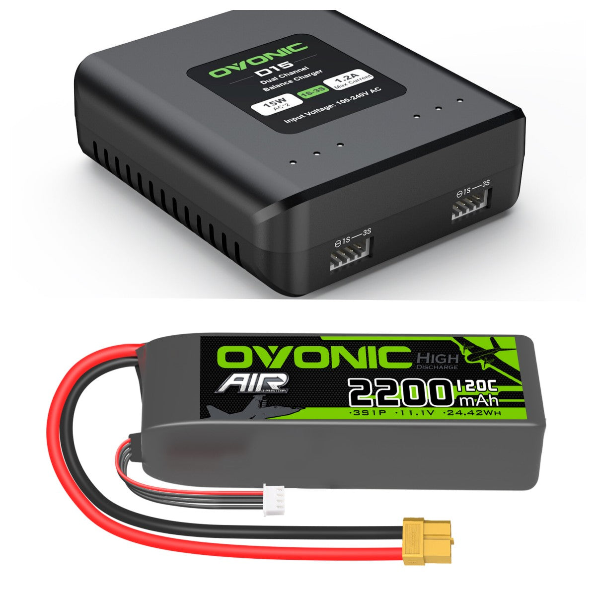 Ovonic 120C 3S 2200mAh 11.1V LiPo XT60 Plug Battery with D15 Dual 1.2A