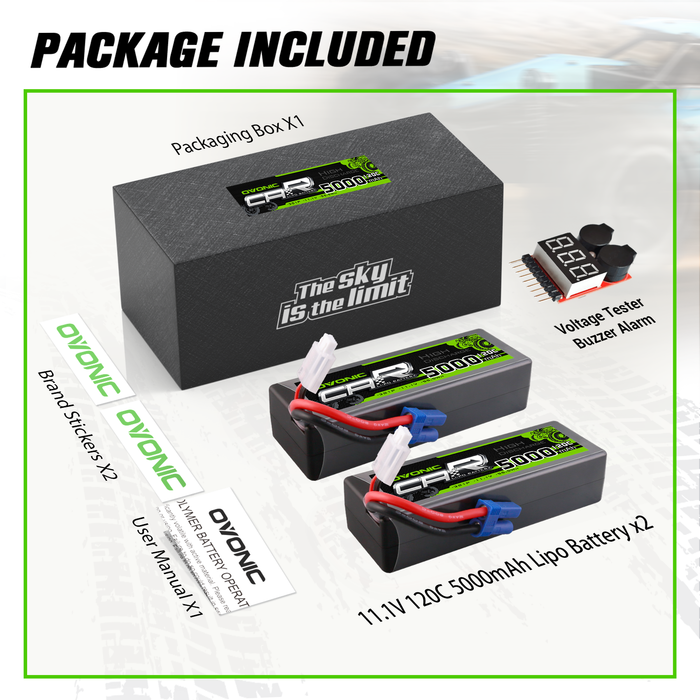 2 x OVONIC 11.1V 120C 5000mAh 3S Lipo Battery with EC5 Plug & Lipo Voltage Checker for 1/8 & 1/10 Scale RC Car Truck Boat RC Airplane Helicopter RC Vehicles