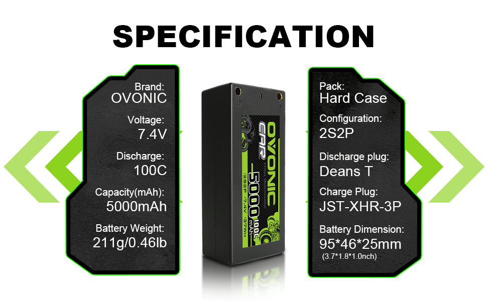 Ovonic 100C 7.4V 5000mAh 2S2P Hardcase Shorty LiPo Battery with 4mm Bullet for 1/10 RC Buggy Truck