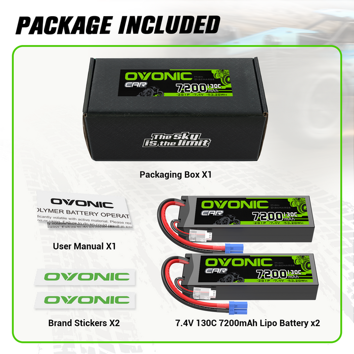 2x OVONIC 2S 7200mAh 130C Hardcase 7.4V Lipo Battery with EC5 Plug for 1/10 scale Vehicles Car RC Truck - Ovonicshop