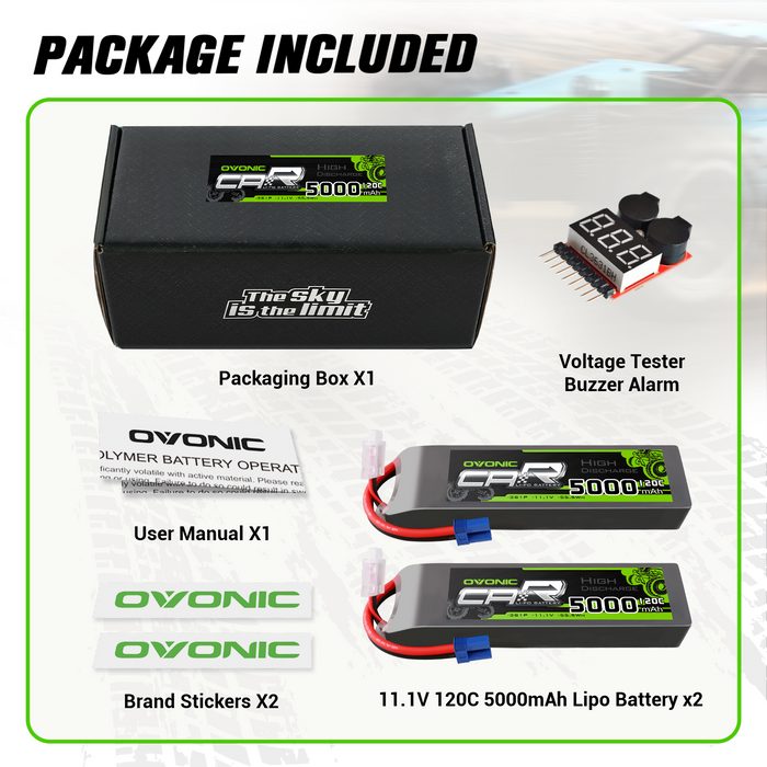 2 x OVONIC 11.1V 120C 5000mAh 3S Lipo Battery with EC5 Plug & Lipo Voltage Checker for 1/8 & 1/10 Scale RC Car Truck Boat RC Airplane Helicopter RC Vehicles