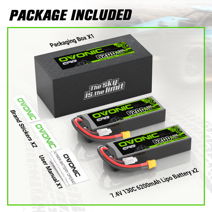2x OVONIC 6200mAh 2S 7.4V 130C Hardcase LiPo Battery with XT60 to TRA