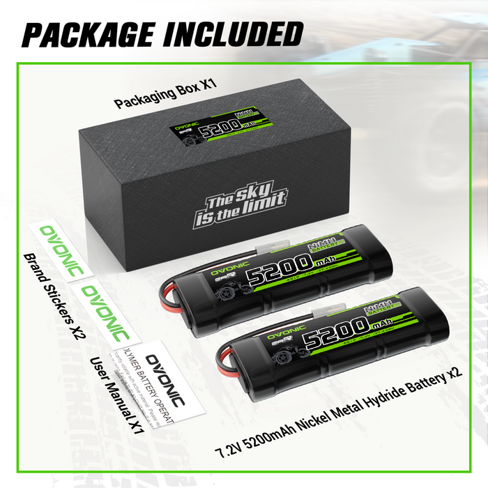 2 × OVONIC 7.2V 5200mAh NiMH Battery Pack 6-Cell with Tamiya Plug for RC Cars & Trucks