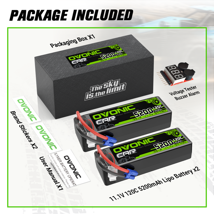 2x OVONIC 3S LiPo Battery 11.1V 5200mAh 120C with EC5 Plug & Lipo Voltage Checker for 1/8 & 1/10 scale RC Cars Trucks Crawlers Buggies Racing RC Hobby - Ovonicshop