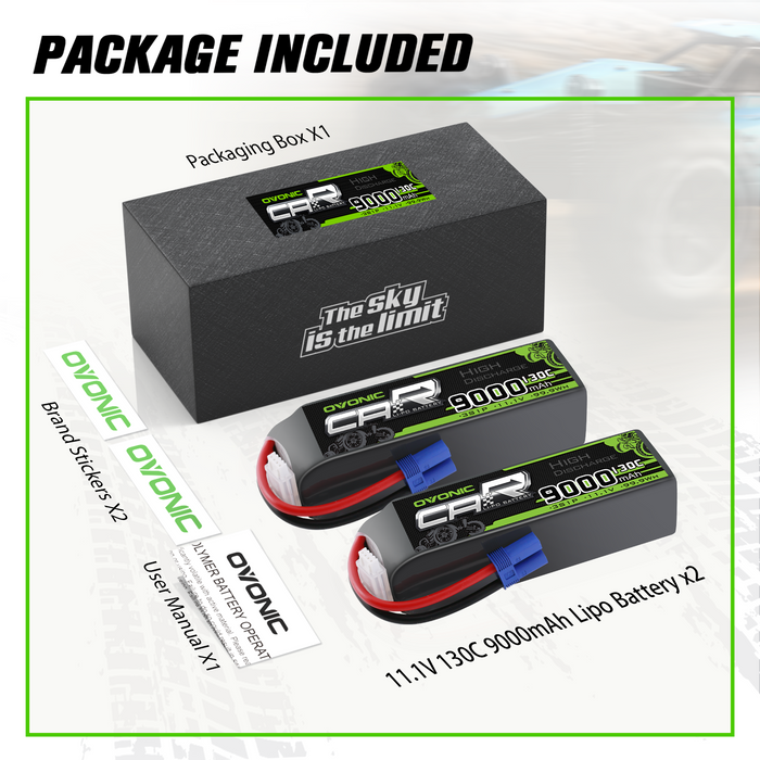 2 × OVONIC 3S Lipo Battery 9000mAh 130C 11.1V RC Lipo Battery with EC5 Plug for 1/10 RC Truck RC Vehicles Car