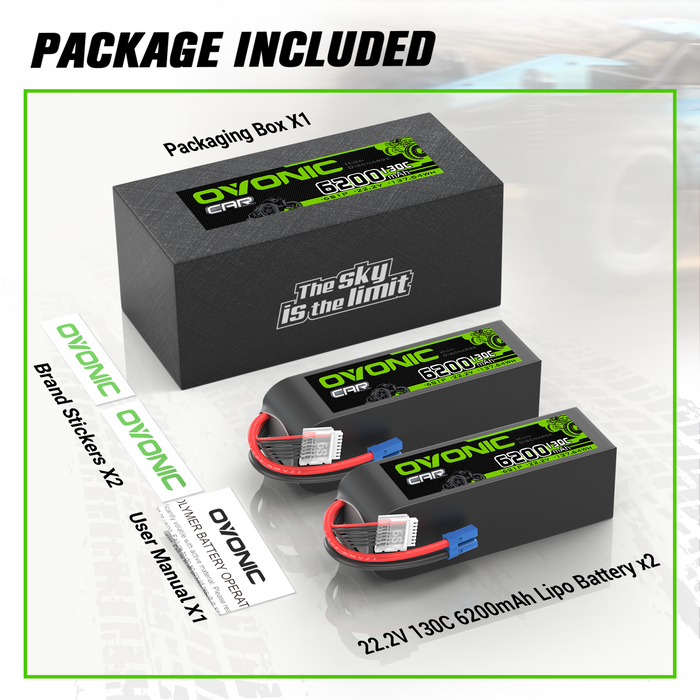 2X OVONIC 6S 6200mAh 22.2V 130C LiPo Battery with EC5 Plug for 1/8 & 1/7 Scale RC Car 6S RC Boat Airplane
