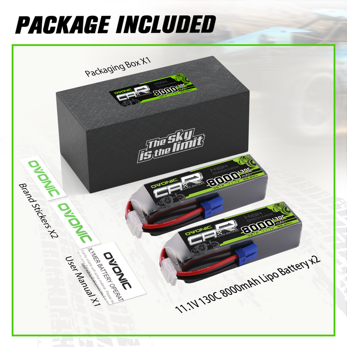 2x OVONIC 2S 8000mAh 7.4V 130C Lipo Battery with EC5 Connector for RC cars, Trucks, Boats, and Airplanes - Ovonicshop