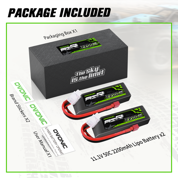 2x Ovonic 50C 11.1V 2200mAh 3S LiPo Battery Pack with T Plug for RC Airplane Crawler