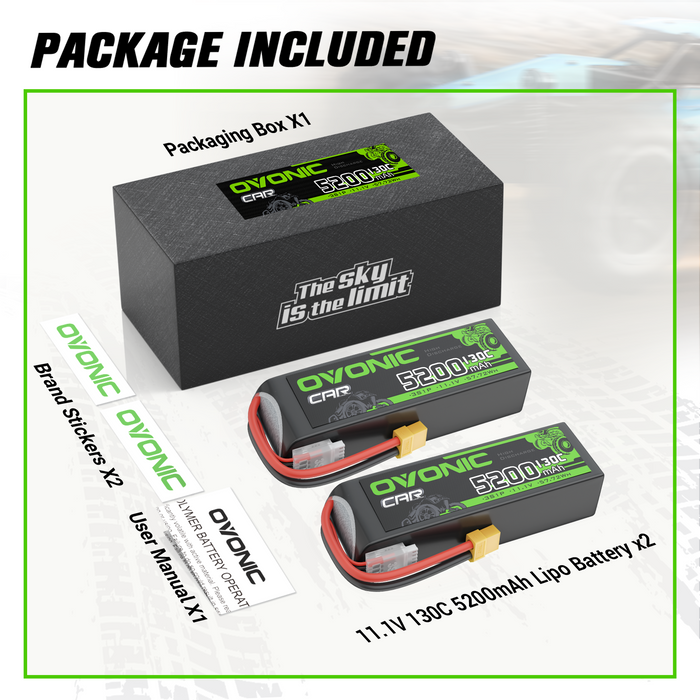 2x Ovonic 3S 5200mAh 130C LiPo Battery with XT60 to TRA Plug for 1/10 RC Slash Rustler Stampede