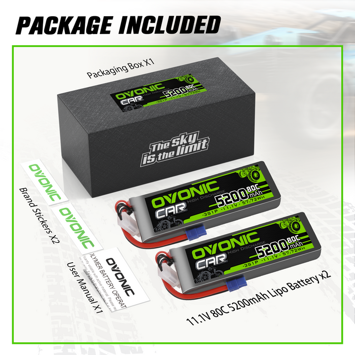 2x Ovonic 80C 3S1P 5200mAh 11.1V LiPo Battery for RC Car - EC3 Plug - Ovonicshop