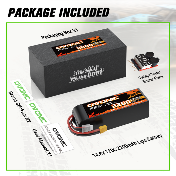 OVONIC 4S 120C 2200mAh 14.8V Lipo Battery with XT60 Connector & Lipo Voltage Checker for 5-Inch Freestyle FPV Racing Drone 4-7 inch Long-Range Drones