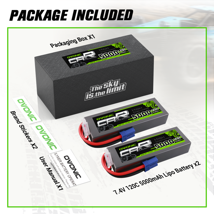 2x Ovonic 7.4V 120C 5000mAh 2S LiPo Battery with EC5 plug for 1/8 & 1/10 scale RC Vehicle - Ovonicshop