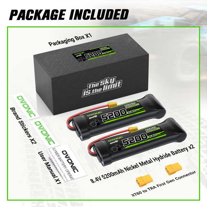 2 × OVONIC 8.4V 5200mAh NiMH Battery Pack 7-Cell Hump with XT60 & TRX Plug for RC Cars