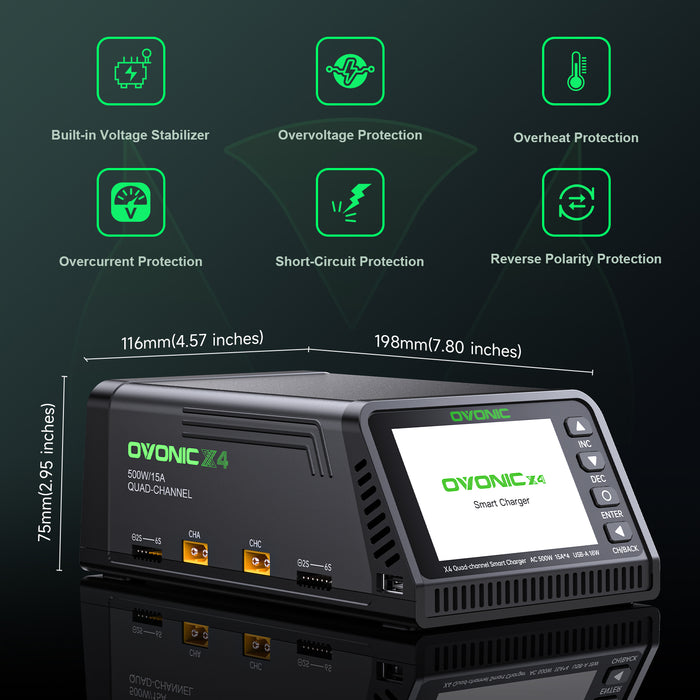 (Pre-Sale)Ovonic X4 AC500W 4 Channel Smart LiPo Battery Charger 15A Per Channel RC Car FPV Drone Multi Battery Charger with 3.5 Inch IPS Display for 1S to 6S LiPo and 3S to 18S NiMH