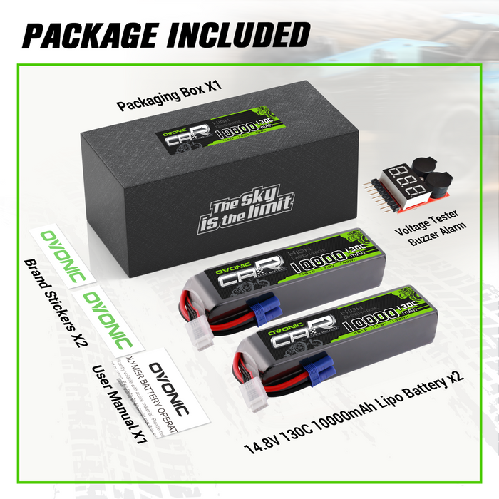 2 x OVONIC 4S 10000mAh 14.8V 130C Lipo Battery with EC5 Connector & Lipo Voltage Checker for 1/5 & 1/8 Scale RC Car Truck Boat Large-Scale Airplane RC Racing