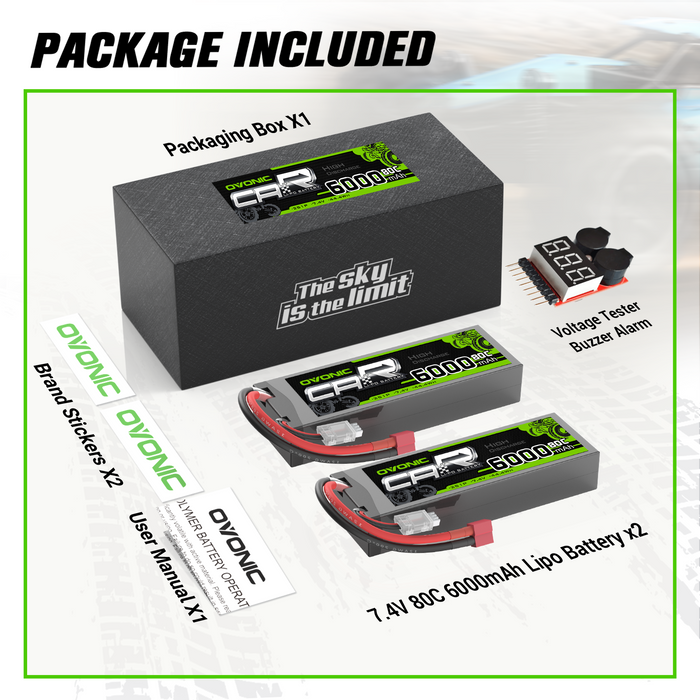2X Ovonic 7.4V 80C 6000mAh 2S LiPo Battery Deans with Battery Voltage Tester