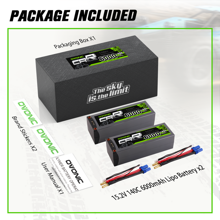 2× OVONIC 4S1P 6000mAh 140C 14.8V LiPo Battery with 5mm Bullet to EC5 Plug for for 1/5 Scale RC Cars & Drag Racing