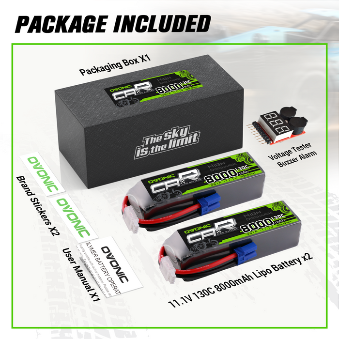 2 x OVONIC 3S 8000mAh 11.1V 130C Lipo Battery with EC5 Connector & Lipo Voltage Checker for 1/8 & 1/10 scale RC Car Truck Boat RC Airplane RC Racing - Ovonicshop