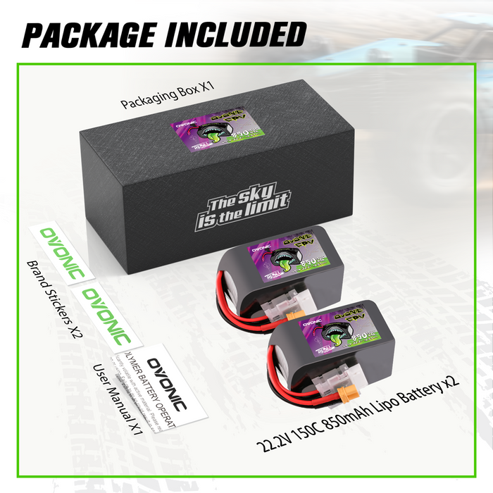 OVONIC 11.1V 150C 850mAh 6S LiPo Battery with XT30 Plug for 90-180mm Brushless FPV Drones Cinelog & Protek25