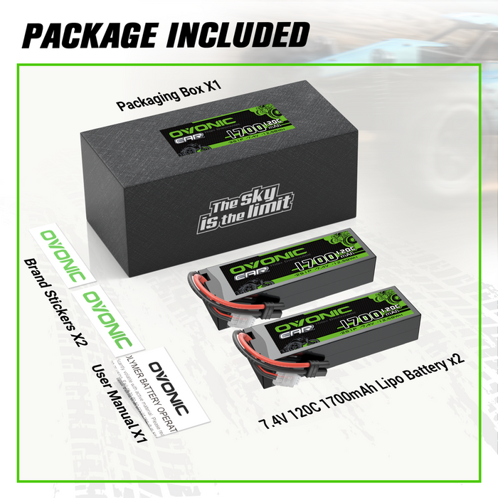 2 x OVONIC 1700mAh 120C 7.4V Lipo Battery with IEC Plug for 2S RC Vehicle 1/10 Scale RC Car Truck