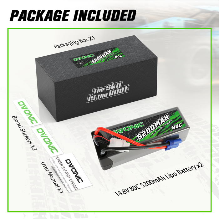 OVONIC 4S 5200mAh 80C 14.8V Hardcase RC Lipo Battery with EC5 Plug for RC 1/10 1/8 Vehicles Car RC Truck - Ovonicshop
