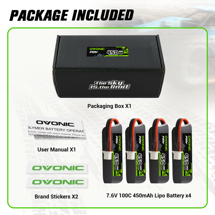 (Pre-Sale)4×OVONIC 2S Lipo Battery 450mAh 2S1P 100C 7.6V LiHV LiPo Battery with BT3.0 Plug for 2S Tinywhoop Drone Brushless Quadcopter