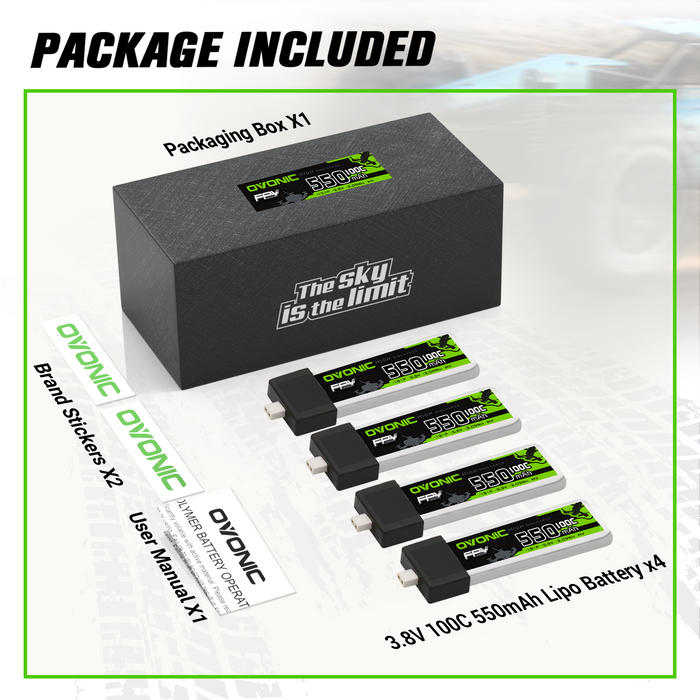(Pre-Sale)4×OVONIC 1S Lipo Battery 550mAh 1S1P 100C 3.8V LiHV LiPo Battery with BT2.0 Plug for 1S Tinywhoop 75mm FPV Drone