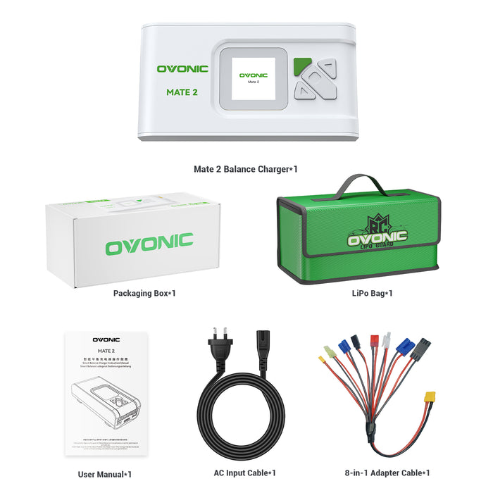 OVONIC Mate2 200W 12A Smart LiPo Balance Charger with LiPo Safe Bag for RC Batteries (LiPo/Li-ion/LiHV/LiFe 2-6S & NiMH 4-15S)