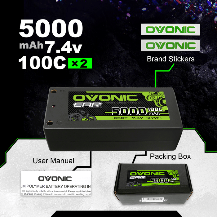 Ovonic 100C 7.4V 5000mAh 2S2P Hardcase Shorty LiPo Battery with 4mm Bullet for 1/10 RC Buggy Truck