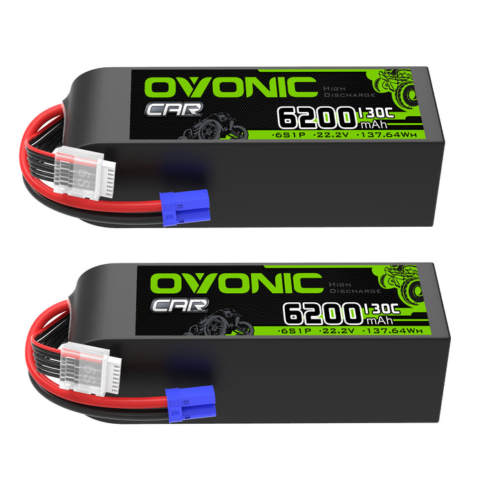 2X OVONIC 6S 6200mAh 22.2V 130C LiPo Battery with EC5 Plug for 1/8 & 1/7 Scale RC Car 6S RC Boat Airplane