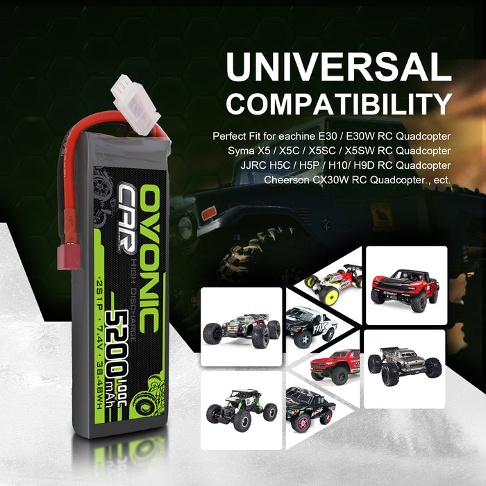 2X OVONIC 7.4V 100C 2S 5200mAh Lipo Battery T Plug For 1/10 RC car truck boat