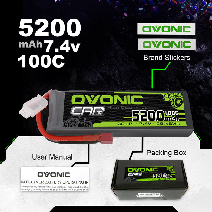 2X OVONIC 7.4V 100C 2S 5200mAh Lipo Battery T Plug For 1/10 RC car truck boat