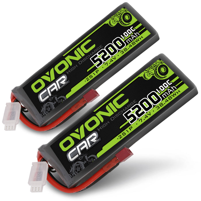 2X OVONIC 7.4V 100C 2S 5200mAh Lipo Battery T Plug For 1/10 RC car truck boat