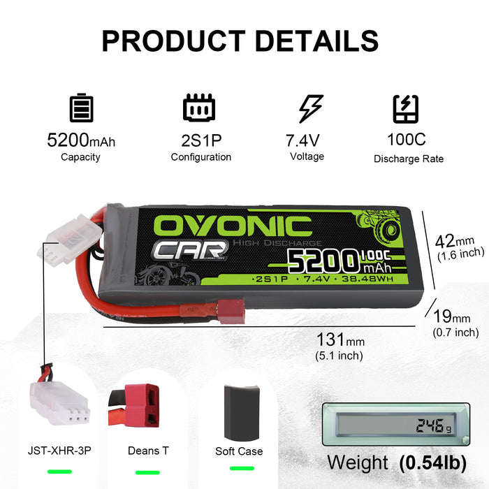 2X OVONIC 7.4V 100C 2S 5200mAh Lipo Battery T Plug For 1/10 RC car truck boat