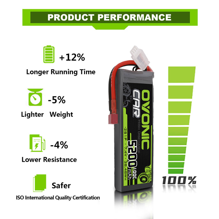 2X OVONIC 7.4V 100C 2S 5200mAh Lipo Battery T Plug For 1/10 RC car truck boat
