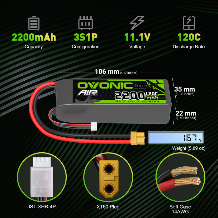 Ovonic 120C 3S 2200mAh 11.1V LiPo XT60 Plug Battery with D15 Dual 1.2A 1-3S LiPo Charger - Ovonicshop