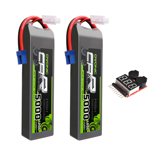 2x OVONIC 11.1V 120C 5000mAh 3S Lipo Battery with EC5 Plug & Lipo Voltage Checker for 1/8 & 1/10 Scale RC Car Truck Boat RC Airplane Helicopter RC Vehicles