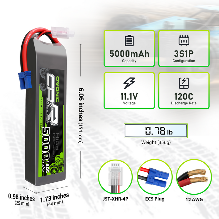 2x OVONIC 11.1V 120C 5000mAh 3S Lipo Battery with EC5 Plug & Lipo Voltage Checker for 1/8 & 1/10 Scale RC Car Truck Boat RC Airplane Helicopter RC Vehicles