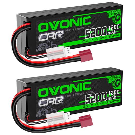 OVONIC 5200mAh 2S 7.4V 120C Hardcase Lipo Batteries Pack for 1:8 1:10 RC Car - T plug