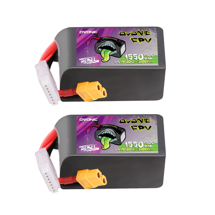 2x Ovonic Rebel 2.0 6S Lipo Battery 1550mAh 6S1P 150C 22.2V FPV LiPo Battery with XT60 Plug for FPV Racing Freestyle 5-6 inch quad Long Range Drone